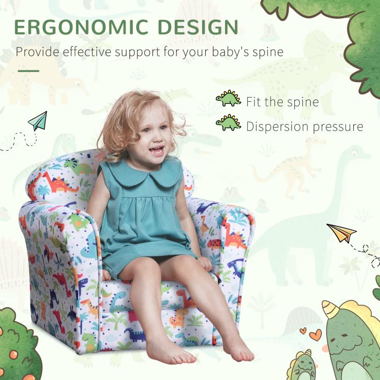 Kids dinosaur print armchair with child on it; ergonomic padded seat and backrest