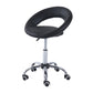 Black foam-cushioned rolling stool with curved open-back seat and 5 caster wheels
