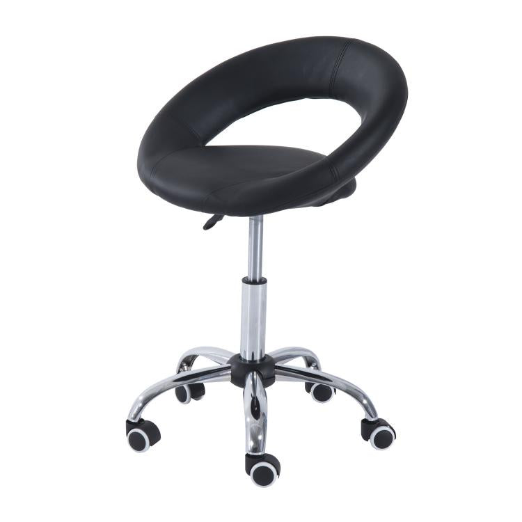 Black foam-cushioned rolling stool with curved open-back seat and 5 caster wheels