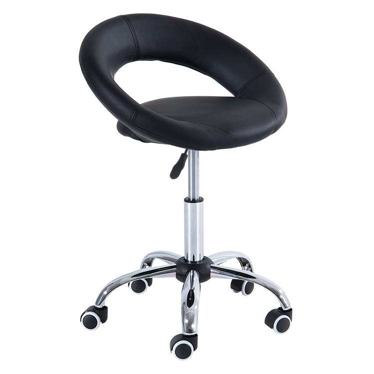 Black cushioned rolling stool with curved back and chrome caster base