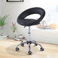 Black open-back rolling stool with padded seat, height-adjust pole, and wheeled base