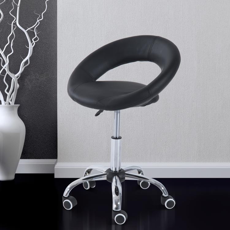 Black padded salon stool with curved open-back seat and chrome rolling base