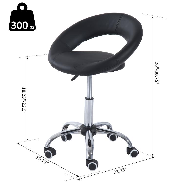 Black rolling stool with curved open-back seat, chrome base, and caster wheels