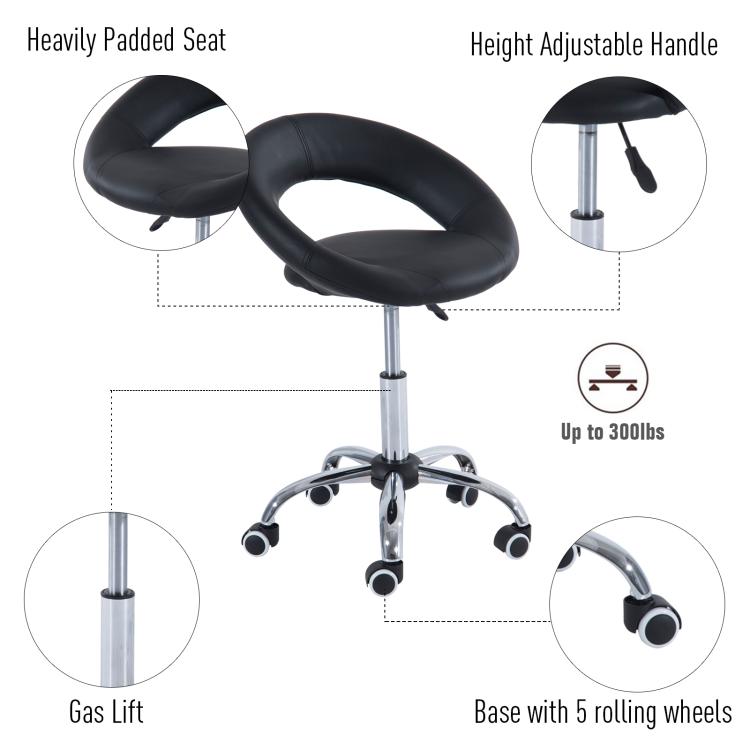 Black padded rolling stool with height-adjust lift and curved open-back seat