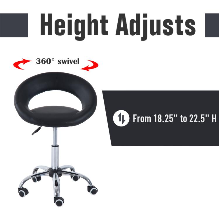 Black 360 swivel rolling stool with curved open-back seat and height-adjust base