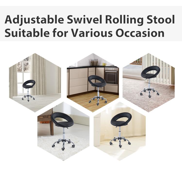Black adjustable swivel rolling stool with curved open-back seat and caster base
