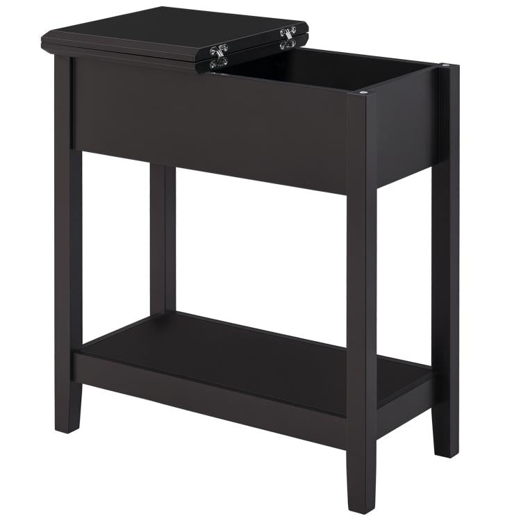 Dark coffee narrow end table with flip-top storage cabinet and bottom shelf