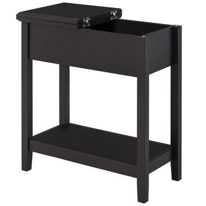 Dark coffee narrow end table with flip-top storage cabinet and bottom shelf