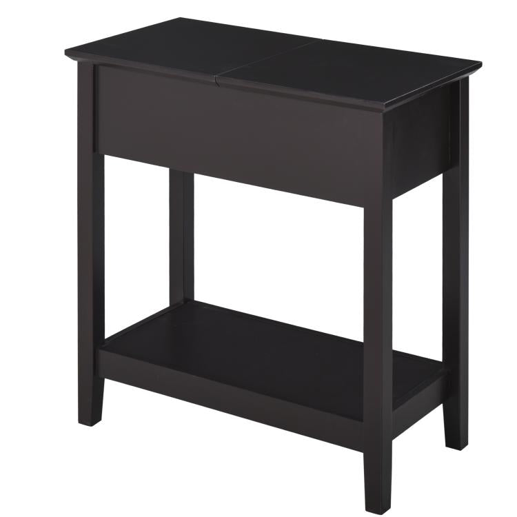 Dark coffee narrow side table with open bottom shelf and flip-top cabinet