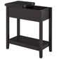 Dark coffee narrow end table with open flip top, side storage cabinet, bottom shelf