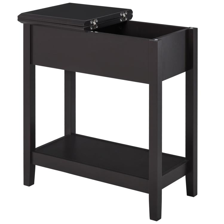 Dark coffee narrow end table with open flip top, side storage cabinet, bottom shelf