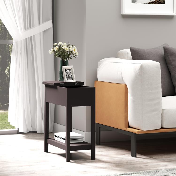 Dark coffee narrow end table with cabinet and bottom shelf