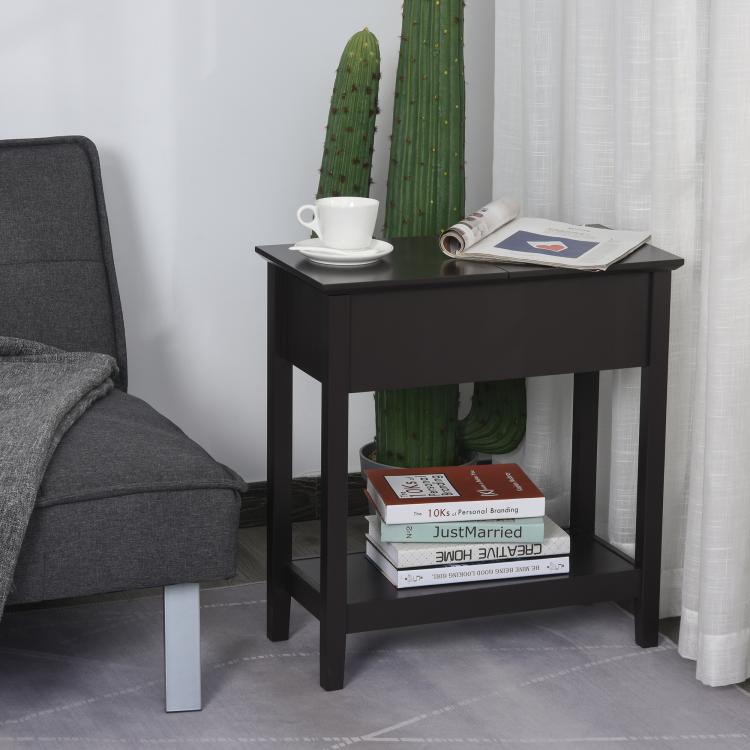 Dark coffee narrow side table with cabinet top and bottom shelf