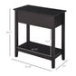 Dark coffee narrow end table shown with size dimensions and bottom shelf