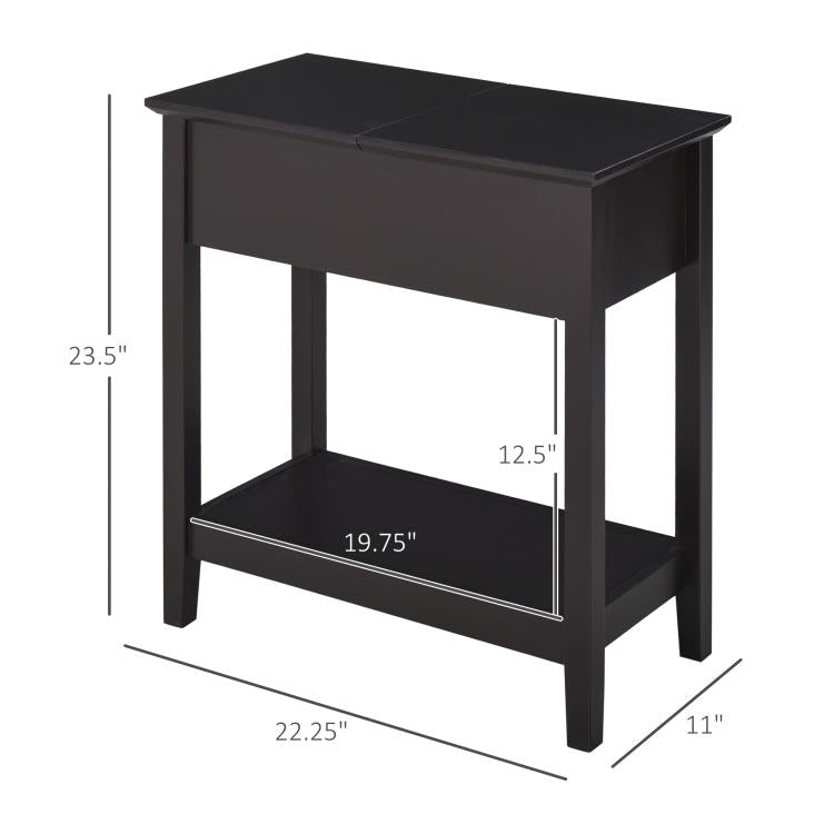 Dark coffee narrow end table shown with size dimensions and bottom shelf