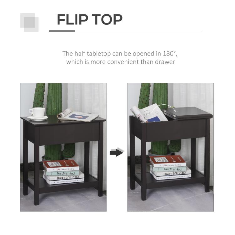 Dark coffee end table with flip-top lifting to reveal cabinet storage