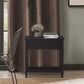 Dark coffee narrow end table with cabinet panel and open bottom shelf
