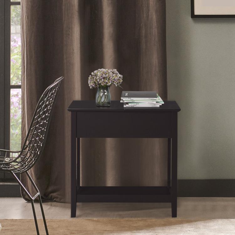 Dark coffee narrow end table with cabinet panel and open bottom shelf
