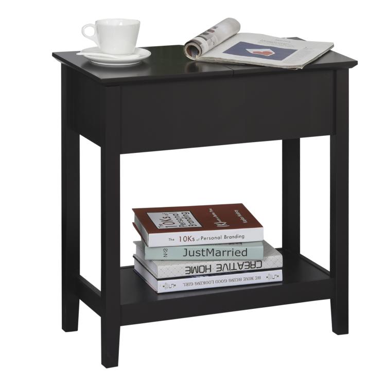 Dark coffee narrow side table with top cabinet opening and bottom shelf