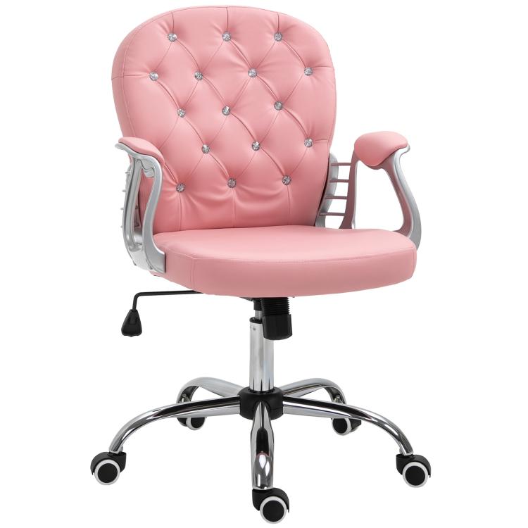 Button-tufted desk chair with pink upholstered seat, padded armrests, chrome swivel base