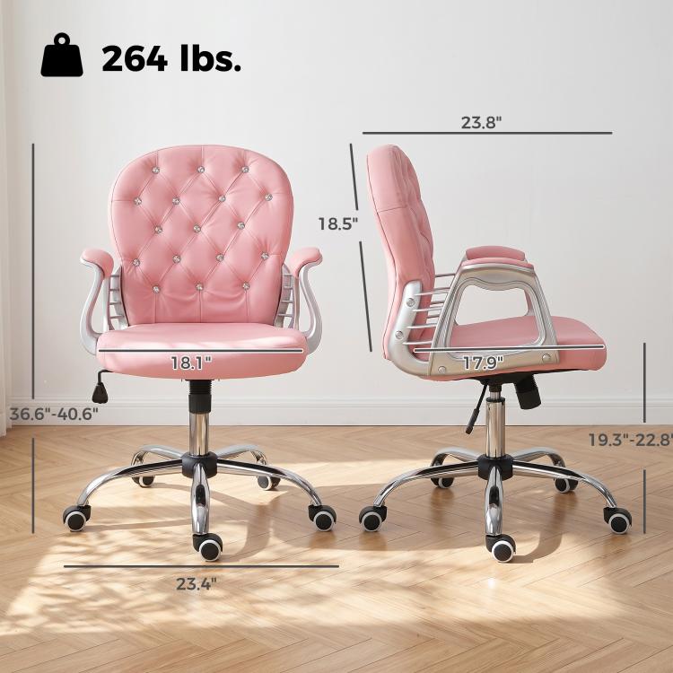 Pink button-tufted desk chair with padded armrests and chrome base, size diagram