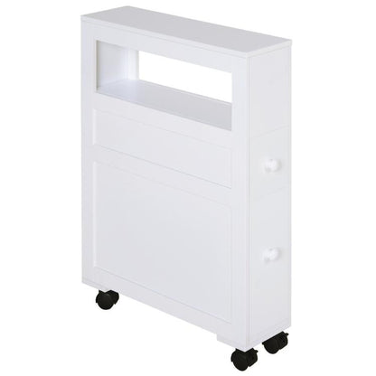 White rolling narrow bathroom storage cabinet with open shelf and two drawers
