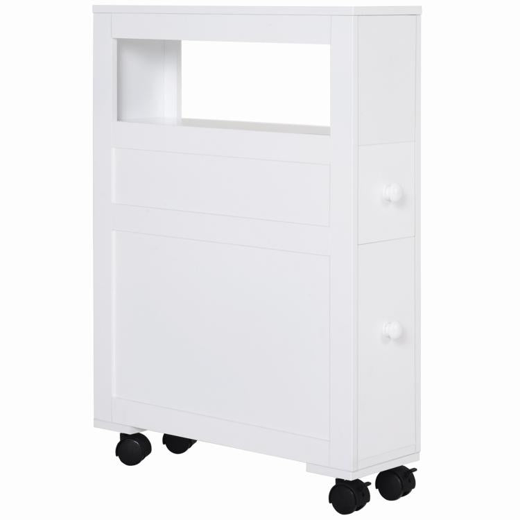 White rolling narrow bathroom cabinet with long open shelf and two side drawers