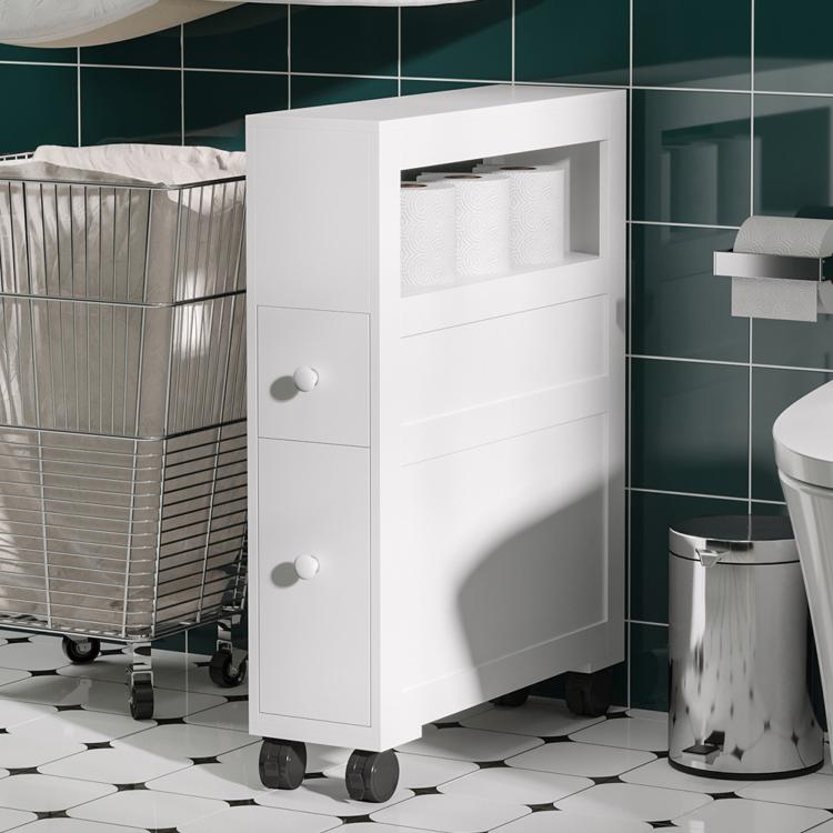 White narrow rolling bathroom side cabinet with two knob doors and four wheels