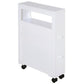 White narrow rolling side cabinet with open shelf, drawer panel, two knobs, and wheels