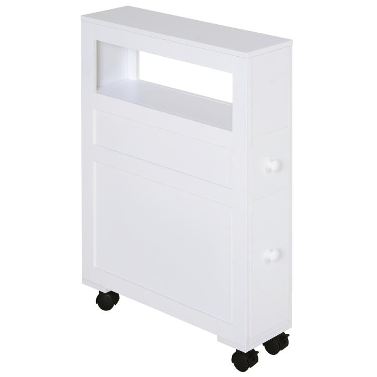 White narrow rolling side cabinet with open shelf, drawer panel, two knobs, and wheels