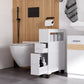 White narrow bathroom side cabinet with pullout drawers and open storage compartment