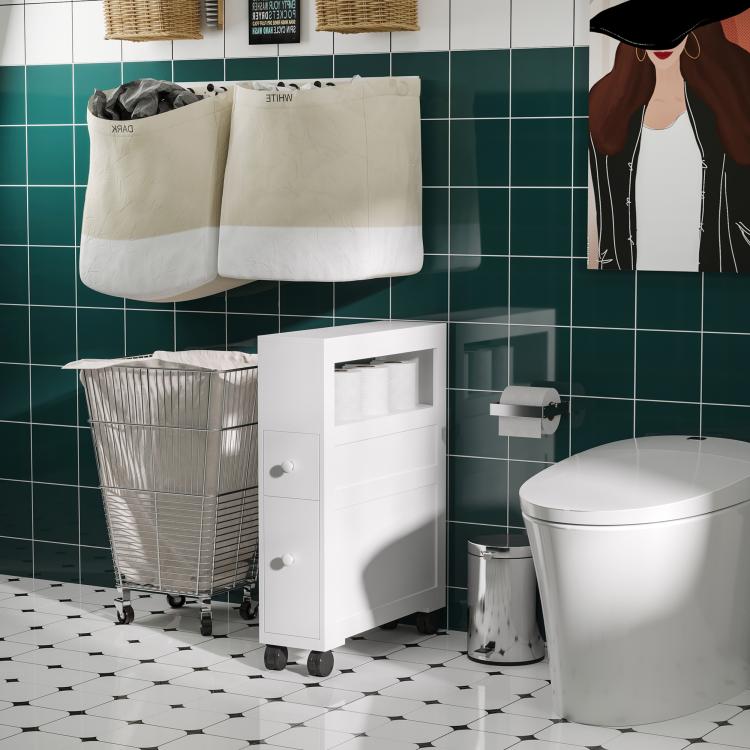 White narrow rolling bathroom storage cabinet with open shelf and drawer fronts