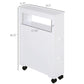 White narrow rolling bathroom side cabinet with open shelf and two drawers
