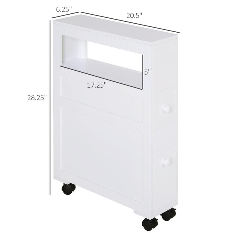 White narrow rolling bathroom side cabinet with open shelf and two drawers