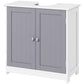 White bathroom vanity cabinet with gray double doors and U-shape sink opening