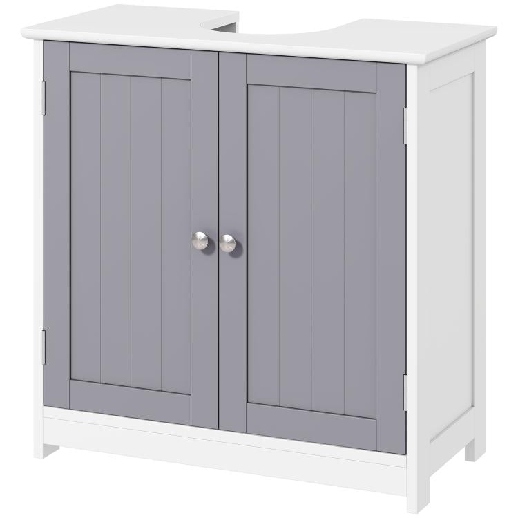 White bathroom vanity cabinet with gray double doors and U-shape sink opening
