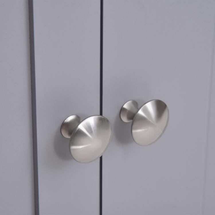 Bathroom sink storage cabinet doors with round silver knobs, white and gray