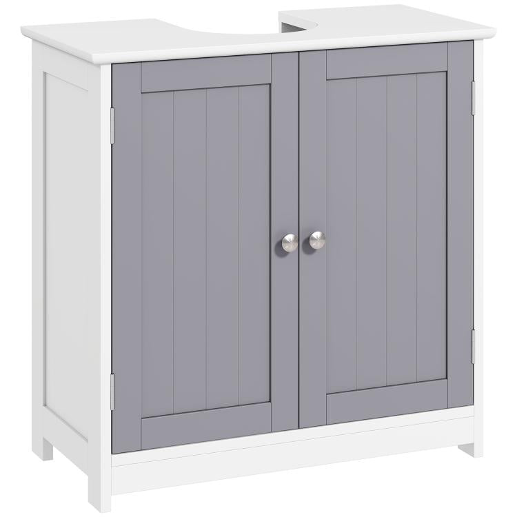 Bathroom pedestal sink cabinet with U-shaped top cut-out, double doors, white frame and gray panels