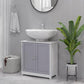 Freestanding bathroom sink storage cabinet with gray double doors and pedestal base