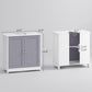 Gray and white sink storage cabinet with two doors and adjustable interior shelf space