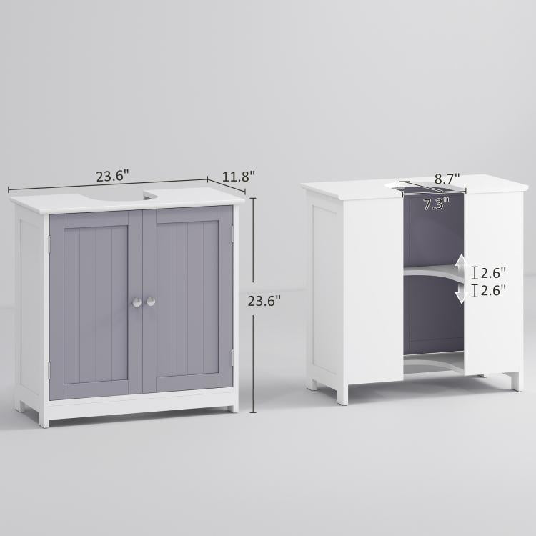 Gray and white sink storage cabinet with two doors and adjustable interior shelf space