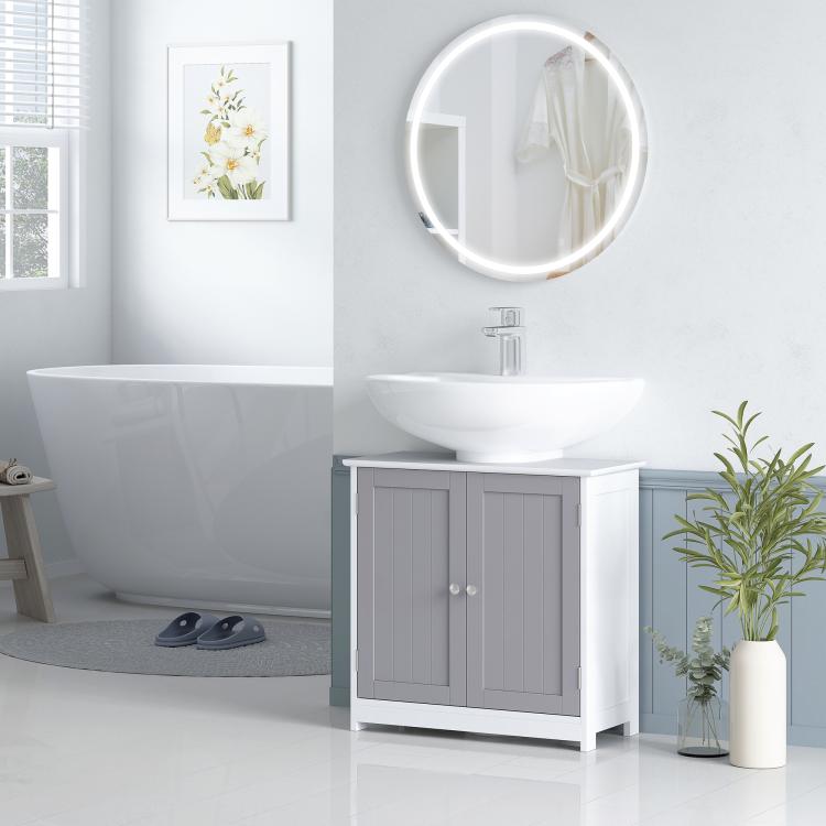 Freestanding bathroom vanity cabinet with gray double doors and sink-ready top cut-out