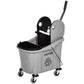 Gray mop wringer cart with black inner bucket, wringer frame, and four caster wheels