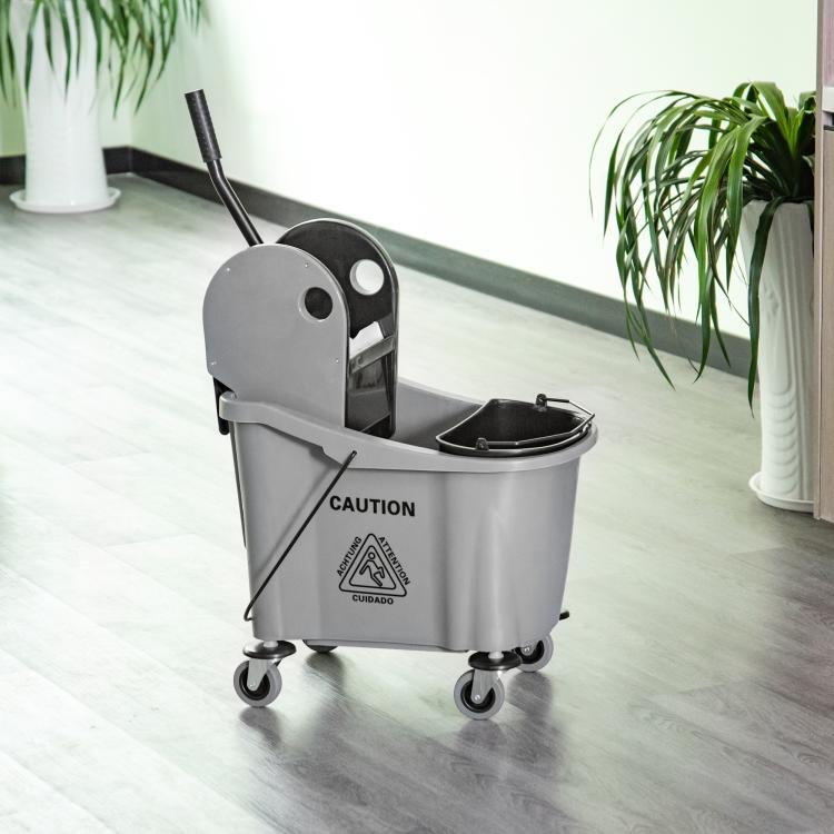 Gray mop bucket wringer cleaning cart with 4 wheels and mop-handle holder