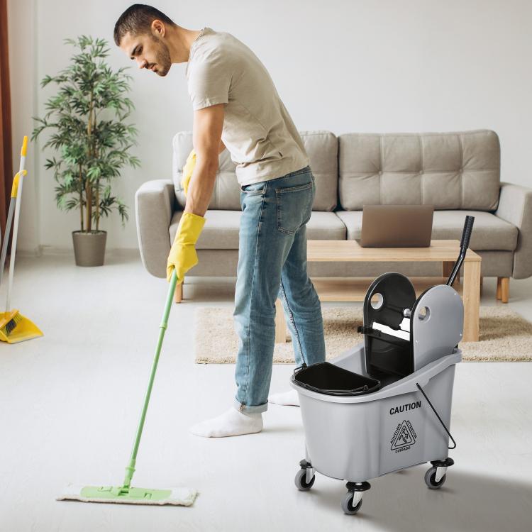 Gray mop wringer cart with black mop basket, handle stem, and four caster wheels