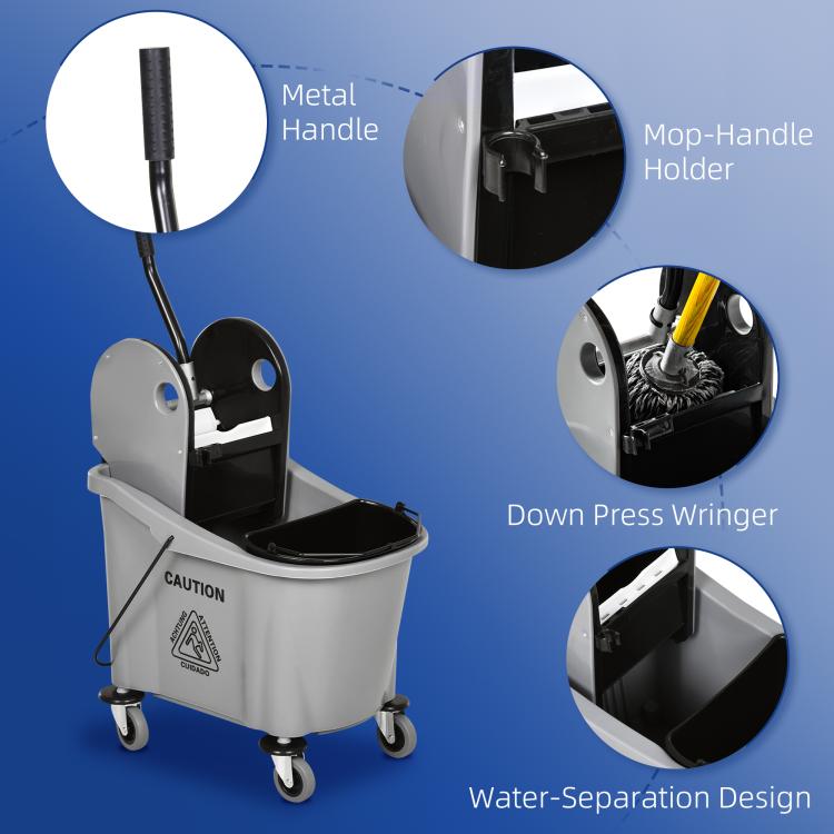 Gray mop wringer cart with metal handle holder and down-press wringer mechanism