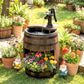 Rustic wooden barrel water fountain with pump, flower planter front and side gnomes