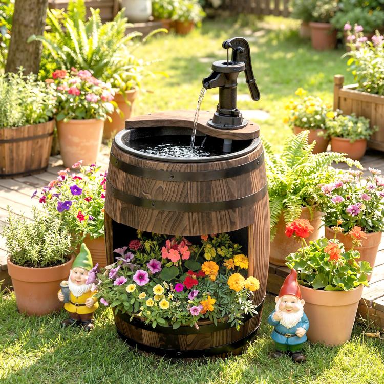 Rustic wooden barrel water fountain with pump, flower planter front and side gnomes