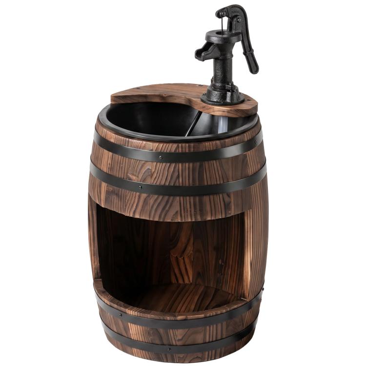 Rustic wooden barrel water fountain with hand pump and circular basin top