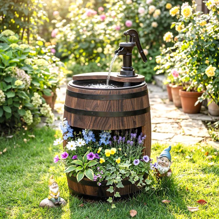 Rustic wooden barrel water fountain with black pump, flowers spilling over planter openings